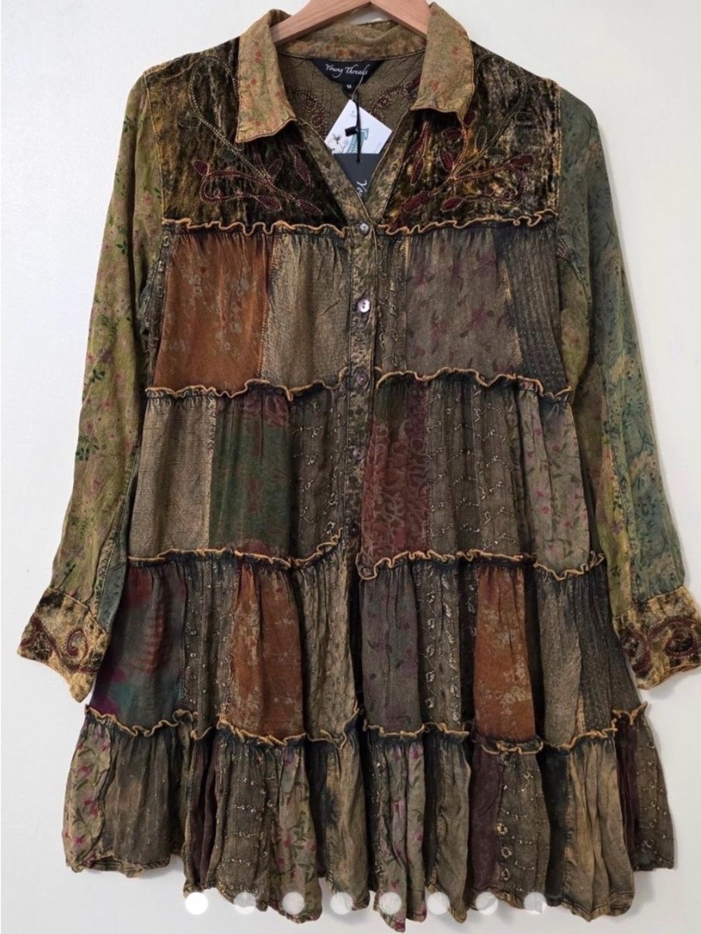 227 NWT Young Threads Artisan Embroidered Patchwork Boho Tiered Shirt Dress